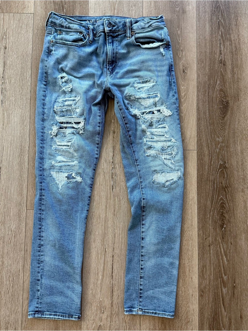 Men’s American Eagle Slim Flex Distressed Ripped Skinny Jeans 32x30 Light Wash